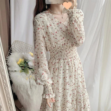 Women Summer Dress V Neck Lantern Sleeve Bohemian Lady Floral Chiffon Ruffled Large Swing Woman Long Dresses Vestidos YDK853