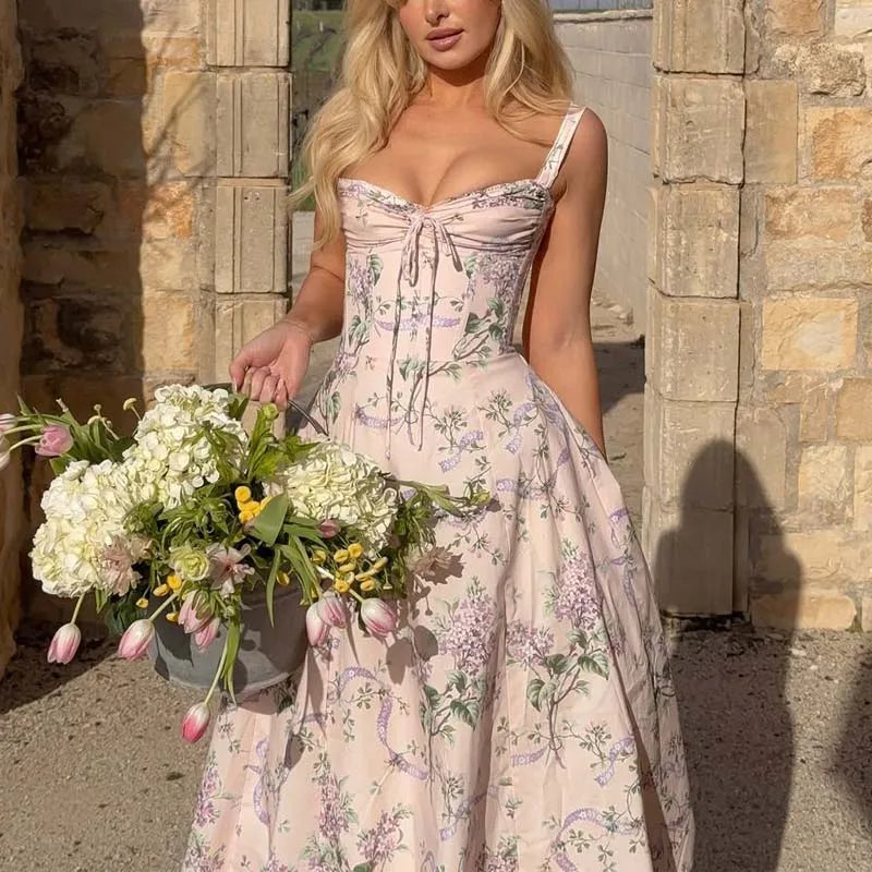 YENKYE 2025 Women Floral Print Fishbone Waist Spaghetti Straps Dress Summer Female  Elegant Midi Long Party Dresses Holiday Robe