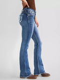 Embroidered Jeans High Waist Slim Straight Leg Washed Blue Denim Pants Decorative Back Pockets Casual Streetwear Women's Jeans