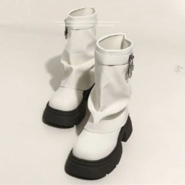 Trendy Ruched Stacked Boots Women, Metal Buckle Platform Mid Calf Boots, Thick Block Heel Autumn Footwear