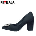Super Big Size 50-53 Crystals Round Buckle7cm Chunky Heel Pumps Women Shoes Leisure Pointed Toe Flock Black Fashion
