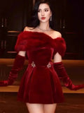 Party dress LGRQ 2026 new autumn and winter fashion women clothes slash color off the shouder red fur slim dress party vestido WQ1005803L
