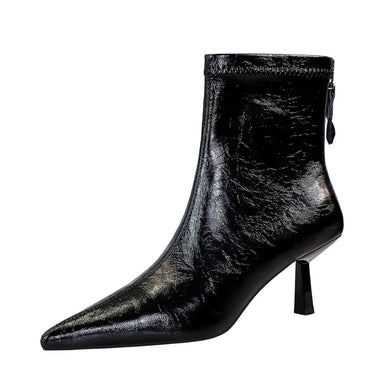 Women Ankle Boots Brown Glossy Faux Leather Ankle Boots For Women Pointed Toe Stiletto Heel Back Zipper Closure Elegant Fall Party Dress Booties
