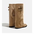 Tall Knee High Women Ruched Boots, Double Buckle Strap Decor Flat SoleRound Toe PU & Suede Look WideShaft Fold Over Ladies Boots