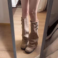 Tall Knee High Women Ruched Boots, Double Buckle Strap Decor Flat SoleRound Toe PU & Suede Look WideShaft Fold Over Ladies Boots