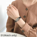 Women's Fashion Retro Quartz Watch Chic Simple Leather Strap Casual Luxury Small Square Wheat Ear Print Rectangle Timepiece