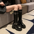 Women Boots 9cm Height Increasing Thick Soled Boot Fashion Belt Buckl Thick Heel Knight Boots Women Knee-high Slim Leather Boots