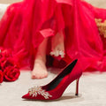 Maogu Satin Rhinestone Crystal Shallow Pumps Stiletto High Heel Luxury Women's Shoe 2023 Spring White Women Bridal Wedding Shoes