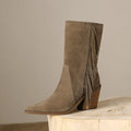 Genuine Leather Women Fringe Mid Calf Boots Suede Cow Leather Pointed Toe Block Heel Western Style Cowboy Women Boots
