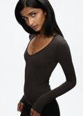 Top Tank Top with Deep V-Neck and Long Sleeves, High-Elastic Slim-Fit Basic Solid Color Base Shirt, Low-Neck Inner Wear Top, Solid Color Low-Neck Slimming Inner Wear T-Shirt, Waist-Cinching Elastic Top Base Shirt