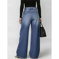 Women's High Waist Wide Leg Jeans Fashion Retro Metal Eyelet Side Hollow Denim Pants Casual Female Streetwear LooseLong Trousers