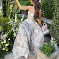 French Style Ditsy Floral Print Spaghetti Strap Maxi Dress Cinched Waist Pleated Patchwork Slim Dresses Casual Vacation Date