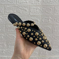 2027 New Pointed Toe Women Slippers Rivets Studded Summer Gladiator Sandals Flat Beach Shoes Woman Outside Slides Fashion Mules