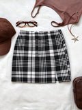 Women Elastic Waist Checkered Split Hem Mini Skirt Slim Fit Y2K Sexy Xmas Party Vintage Preppy Skirt
