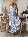 2026Women Floral Spaghetti Strap Maxi Dress V Neck Back Bow Tiered Ruffle Sundress Bohemian Summer Beach Casual Dress