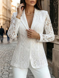 2026 New Women's White Hollow-Out Floral Lace Blazer with Lapel, Long Sleeves, Single-Breasted, Slim Fit, Elegant Outerwear for Workplace and Weddings, Suitable for Weddings, Workplace Occasions, Autumn and Spring