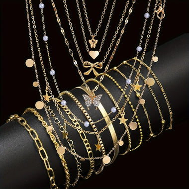 17pcs Fashion Minimalist Jewelry Set For Women Vintage Twist Snake Bone Heart Butterfly Star Pendant Necklace Bracelet Sets Gift