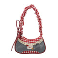 All-match Sweet French Stick Handbag Denim Blue Bow Plaid Shoulder Bag Large Capacity Lace Ribbon Cloth Underarm Bags Daily