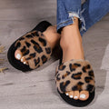 Fashion Leopard Print Fur Slippers for Women Open Toe Soft Sole Furry House Shoes Woman Winter Warm Comfort Indoor Home Slippers