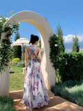 Summer New Deep V-neck Floral Print Dress Evening Party Lady Chiffon Slim Fairy Dresses Backless Sling Vintage Sweet Dress Long