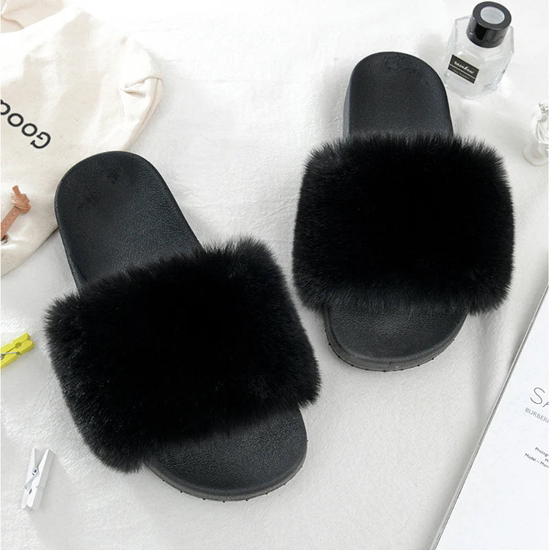Women Slippers Faux Rex Rabbit Fur Slippers Slides For Women Luxury Designer Sandals On Summer Furry Slippers Flip Flops Shoes Plus Size Shoes