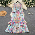 Women's Deep V-Neck Bohemian Dress Long Sleeve Floral Print Ruffle Hem Casual Spring Summer Runway Style Sweet Cascading Dress
