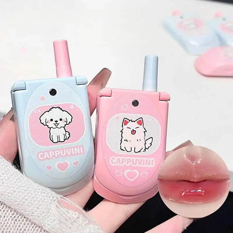 Dual-Color Moisturizing Solid LipGloss Flip Phone Design Lipstick with Built-in Mirror Lip Brush Long Lasting Plumping LipMakeup
