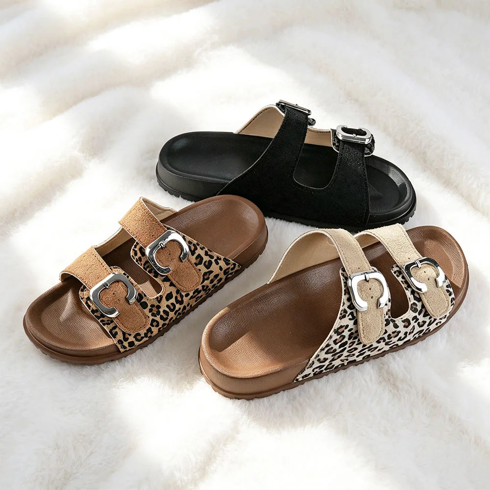 Women Summer Leopard Print Double Adjustable Buckle Slide Sandals Large Size Open‑Toe Casual Slip‑On Beach Slippers Shoes