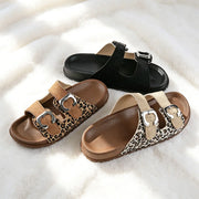 Women Summer Leopard Print Double Adjustable Buckle Slide Sandals Large Size Open‑Toe Casual Slip‑On Beach Slippers Shoes