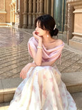 2026 Summer Elegant Pink Floral Print Off Shoulder Maxi Dress Satin Draped A Line Long Dress For Women Party Evening Bridesmaid