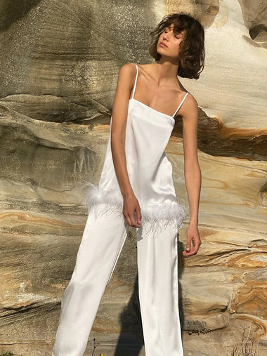 Women Pajamas Satin Pajamas With Feathers Sleepwear Women Sets With Pants Black Spaghetti Strap Home Suit White Trouser Suits 2022