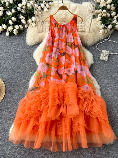 Women French Vintage Printed Dress Women Patchwork Mesh Irregular Ruffle Long Dresses Ladies Elgeant Floral Long Robe