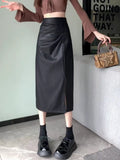 Women's Pleated Slit Midi Skirt 2026 High Waist PU Leather Bodycon Pencil Skirt Elegant Chic Sheath Skirt for Office Daily Wear