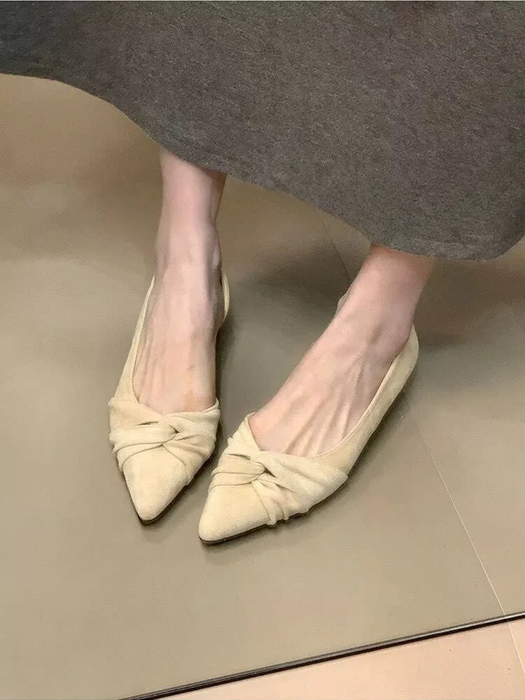French Retro Twisted Knot Pointed Toe Flats, Soft Suede Slip-on Lazy Shoes, Comfortable Commuter Ballet Flats for Women