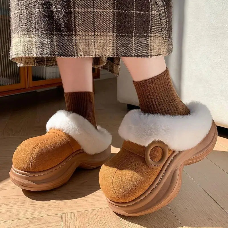 Chunky Bottom Furry Fur Home Slippers for Women Warm Plush Soft Sole Bedroom Slippers 2026 Winter No Slip Closed Toe Shoes Women