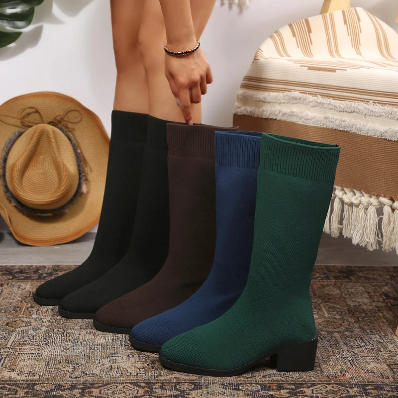 2026 New Winter Stretch Sock Boots Knee-high Boots Women's Thick Bottom Slim High Heel Large Size Round Toe Women's Boots
