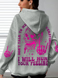 Pink Skull Skeleton Hand Gothic Slogan Print Hoodies Womens Pocket Casual Streetwear Autumn Korean Pullover Fleece Loose Hoodie
