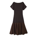 Women's Patchwork Knit Dress Casual O Neck Short Sleeve Solid Pleated Hem Women Elastic Midi Dress Female Chic Long Dresses