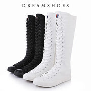 New Fashion Women's Canvas Boots Lace Zipper Knee High Boot Flat Shoes Casual High Help Punk Shoes Girls