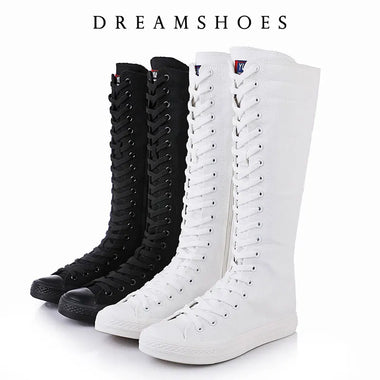 New Fashion Women's Canvas Boots Lace Zipper Knee High Boot Flat Shoes Casual High Help Punk Shoes Girls