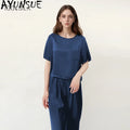 AYUNSUE 16Mm 100% Mulberry Silk Sleepwear Women Summer Clothes Pajama Sets Casual Long Pants Short Sleeve Top Two-piece Пижама