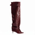 Women Pointed Toe Knee High Boots Double Buckle Strap Stiletto Heel Leather Slouch Thigh High Boots Fashion Party Boots