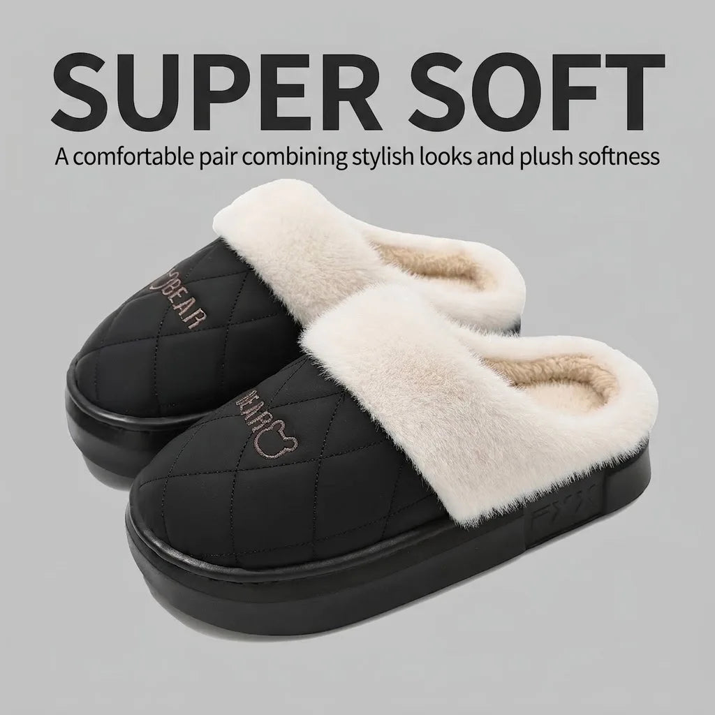 Unisex Winter Warm Plush Slippers Women Men Cute Bear Quilted Platform House Shoes Waterproof Non Slip Indoor Outdoor Home Mules