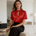 Chic Keyhole Neck Women's Blouse Korean Simple Solid Short Sleeved Elegant Satin Tops Summer  Office Lady Shirts