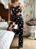 2Pcs Women Sleepwear Set Heart Print Camisole Top with Long Pants Set Fashion Spaghetti Strap Pajama For Women Home Outfit