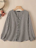 2025 ZANZEA Women Autumn Plaid Cheeked Blouse Casual V Neck Long Sleeve Tops Stylish Ruffled Work Shirt Buttons Blusas Oversize