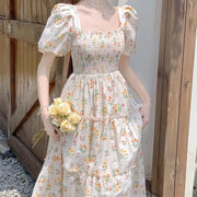 Floral New Style Waist Covering Female Blossoms Slimming Mid-length Dress