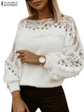 ZANZEA Women Elegant Knitted Blouse Fashion Lace Patchwork Shirt 2024 Autumn Hollow Out Sweater Casual Loose Lantern Sleeve Tops