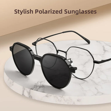 Trendy Polarized Clip On Sunglasses Titanium Alloy Glasses Frame Women Optical Round Sunshades Eyewear