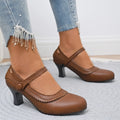 Women Pumps Casual Mary Jane Shoes Solid Color Round Toe Shoes Buckle Strap Leather Sandals Footwear High Heels Women Shoes